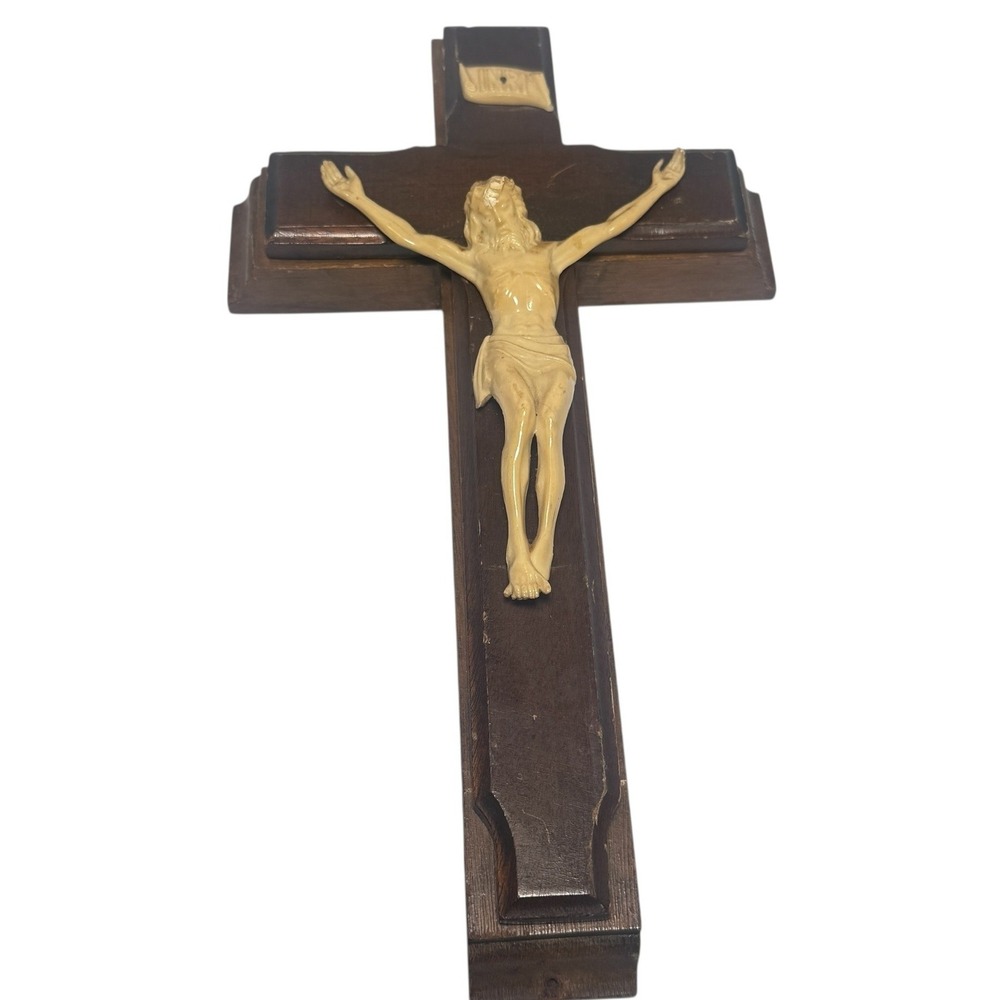 Vintage Wood Sick Call Crucifix Set Last Rites Wall Cross INRI Jesus candles 70s